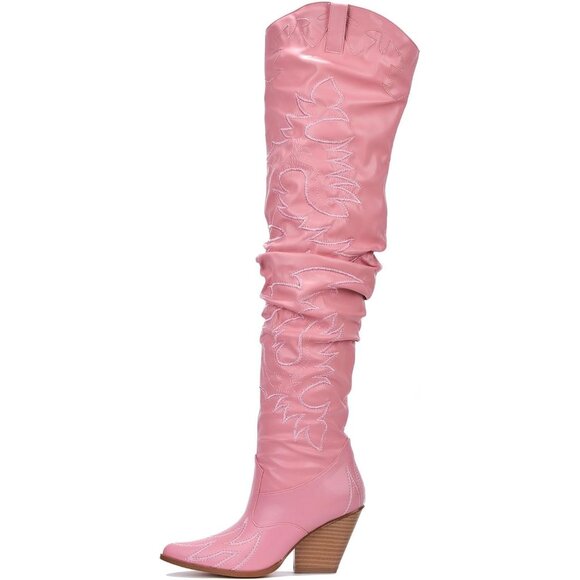 Women Pink Fabric Thigh High Over The Knee Pointed Toe Chunky Heel Fashion Boot - Picture 1 of 4